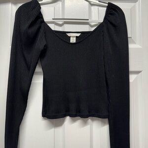 H&M Black Ribbed Long-Sleeve Square Neck Top, Size: S